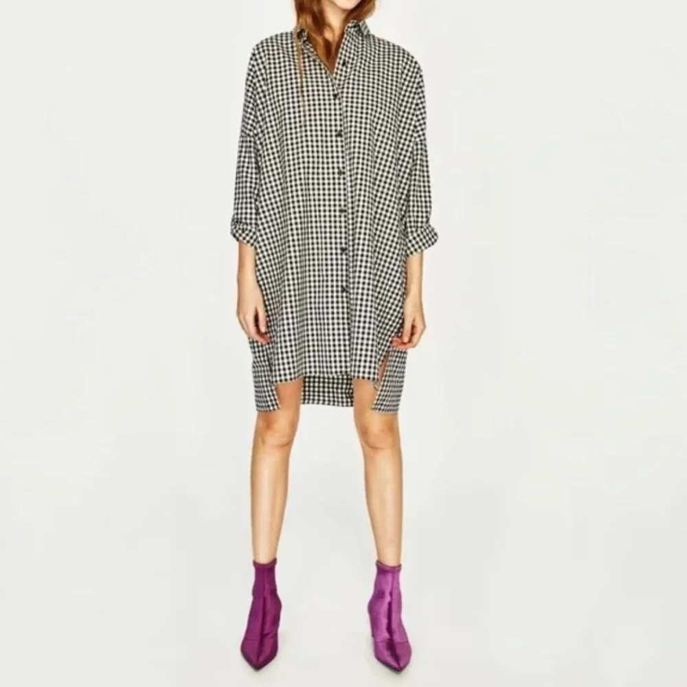 Zara Tunic Shirt Trafaluc Collection Gingham M Black White Button Down Cotton